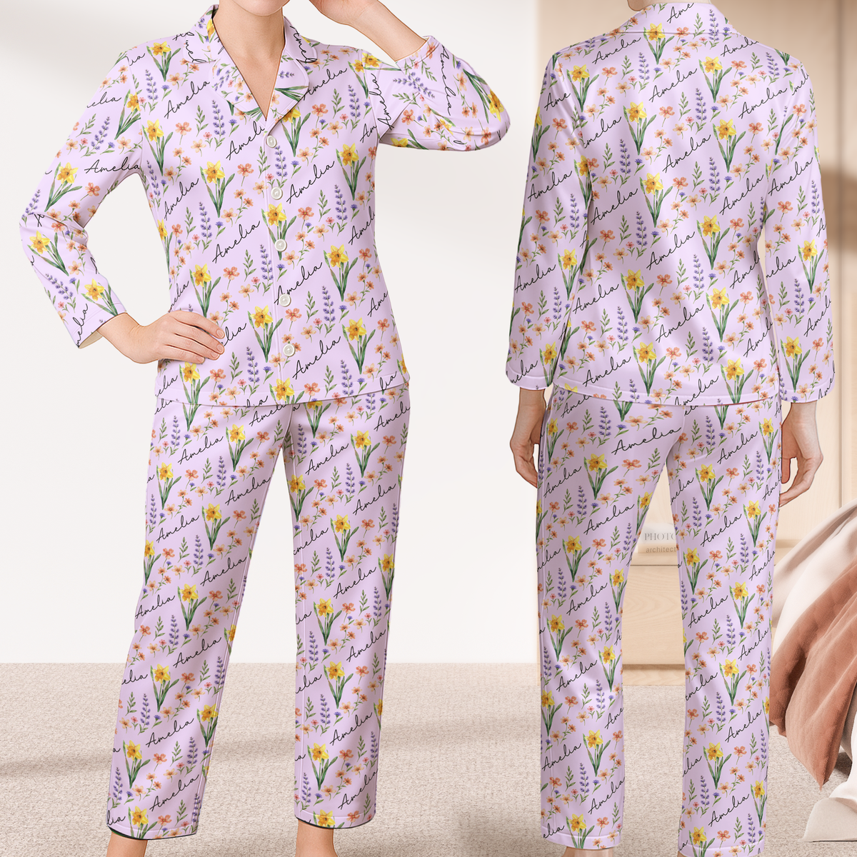 Custom Name & Birth Flower Gifts For Her, Friends, Sisters, Daughters, Kids, Grandkids - Personalized Pajamas