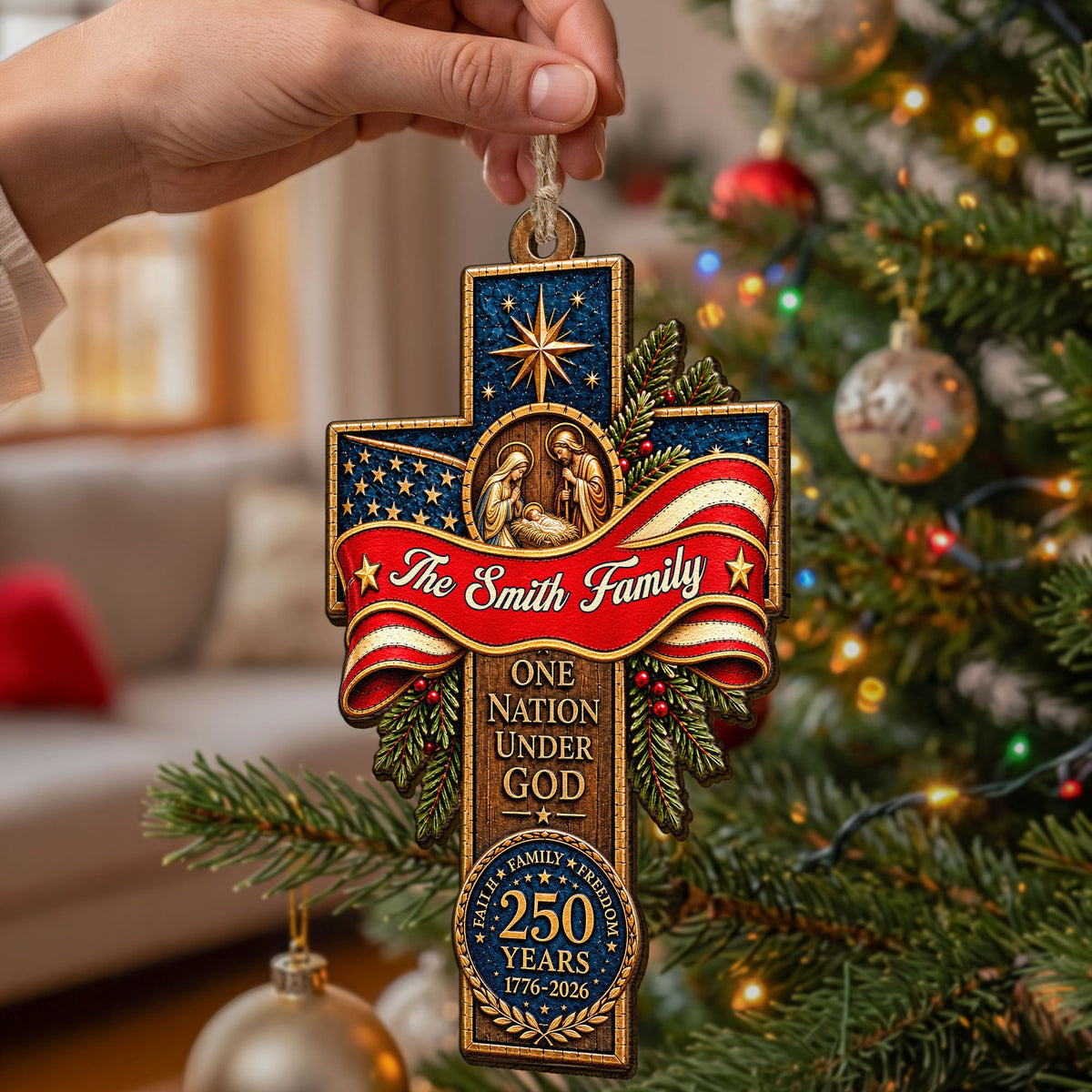 One Nation Under God Faith Family Freedom Patriotic Cross - Personalized Ornament