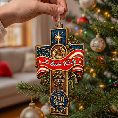One Nation Under God Faith Family Freedom Patriotic Cross - Personalized Ornament