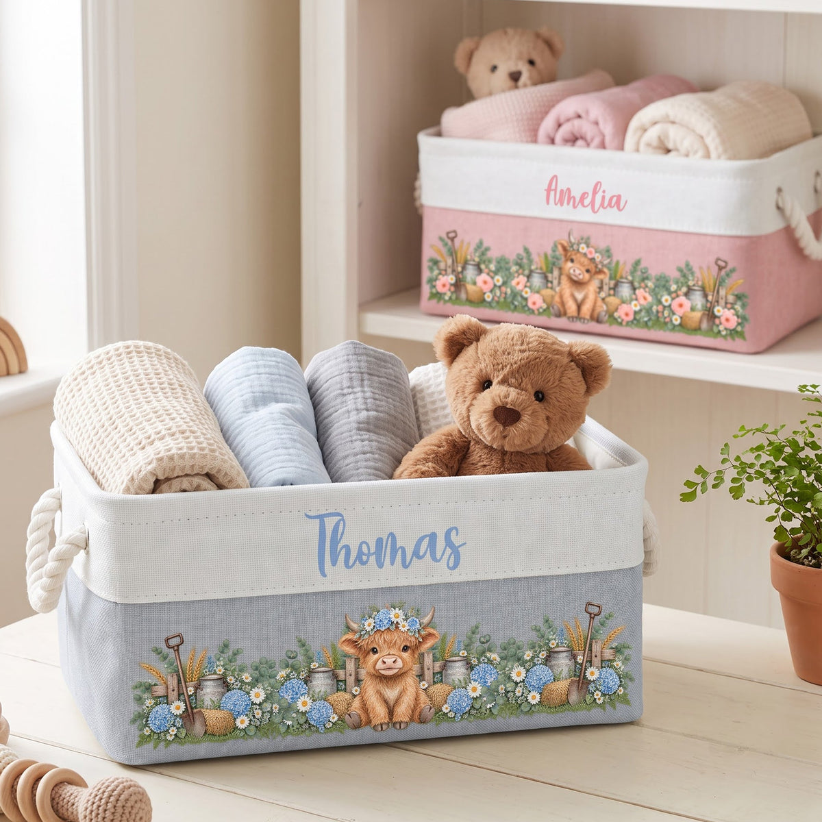 Highland Cow Farmhouse Nursery Decor - Personalized Storage Basket