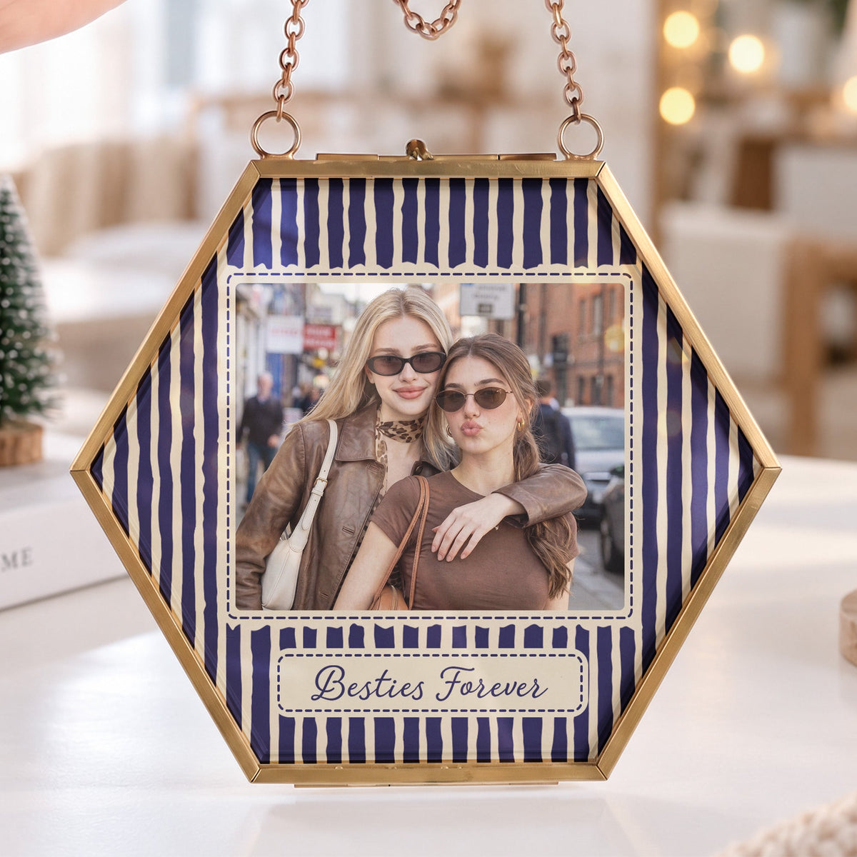 Best Friend Photo Gifts For Bestie, Sister - Vintage Stripe With Frame - Personalized Ornament