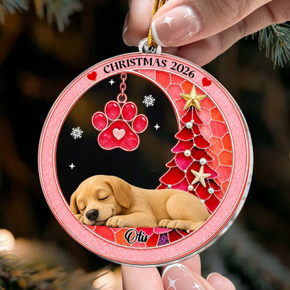 Custom Pet Name Christmas Memorial Ornament, Pet Loss Remembrance Gift, Sea Glass 3D Effect Paw Print - Personalized Ornament