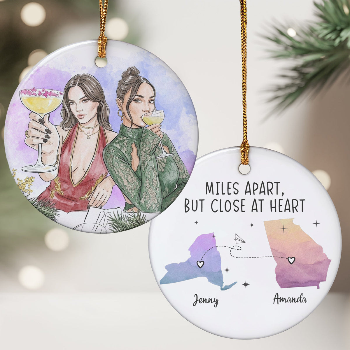 Custom States & Photo Watercolor Art - Long Distance Relationship Gifts - Personalized Ornament