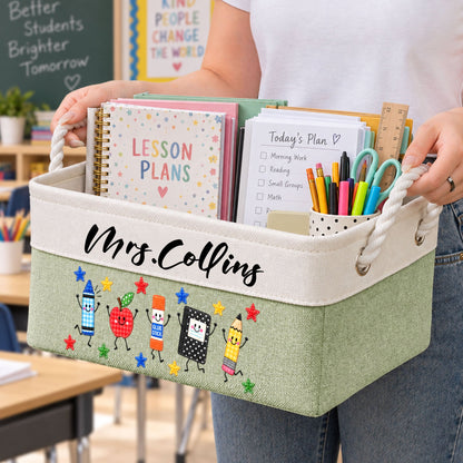 Teacher Life Faux Patchwork School Supplies - Personalized Storage Basket