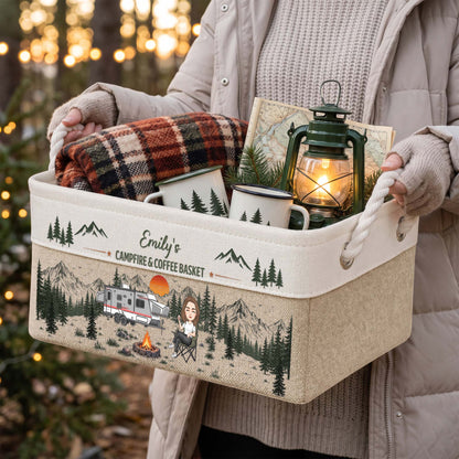 Custom Camper Rv Family Camping - Campfire & Coffee Basket - Personalized Storage Basket