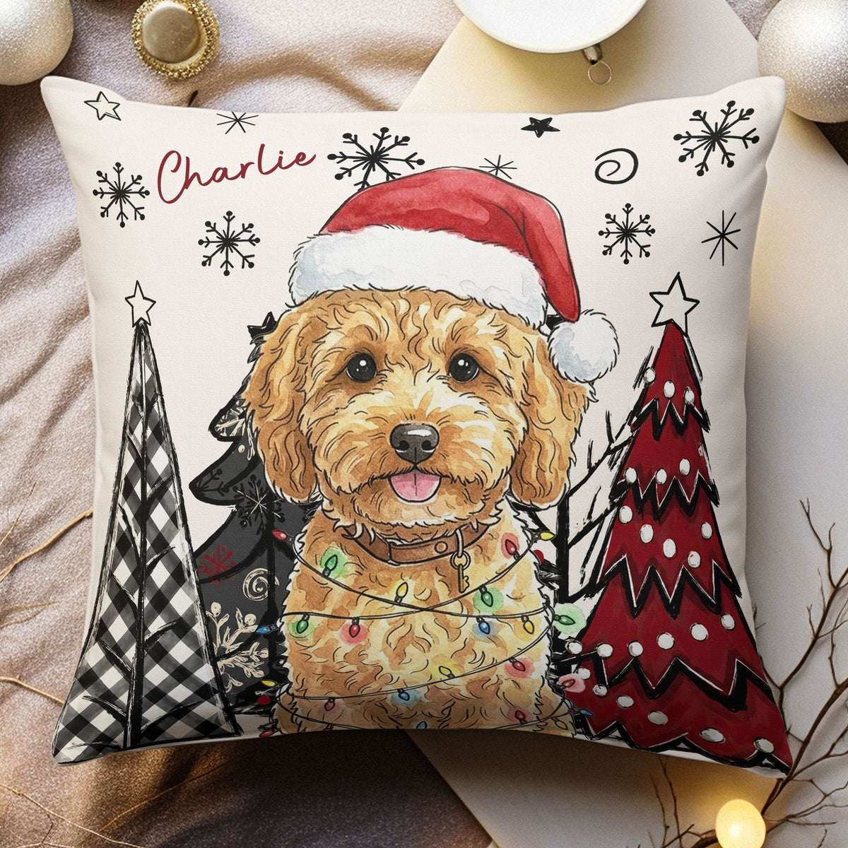 Custom Pet Photo Watercolor Art Christmas Winter Decor Gift - Personalized Pillow