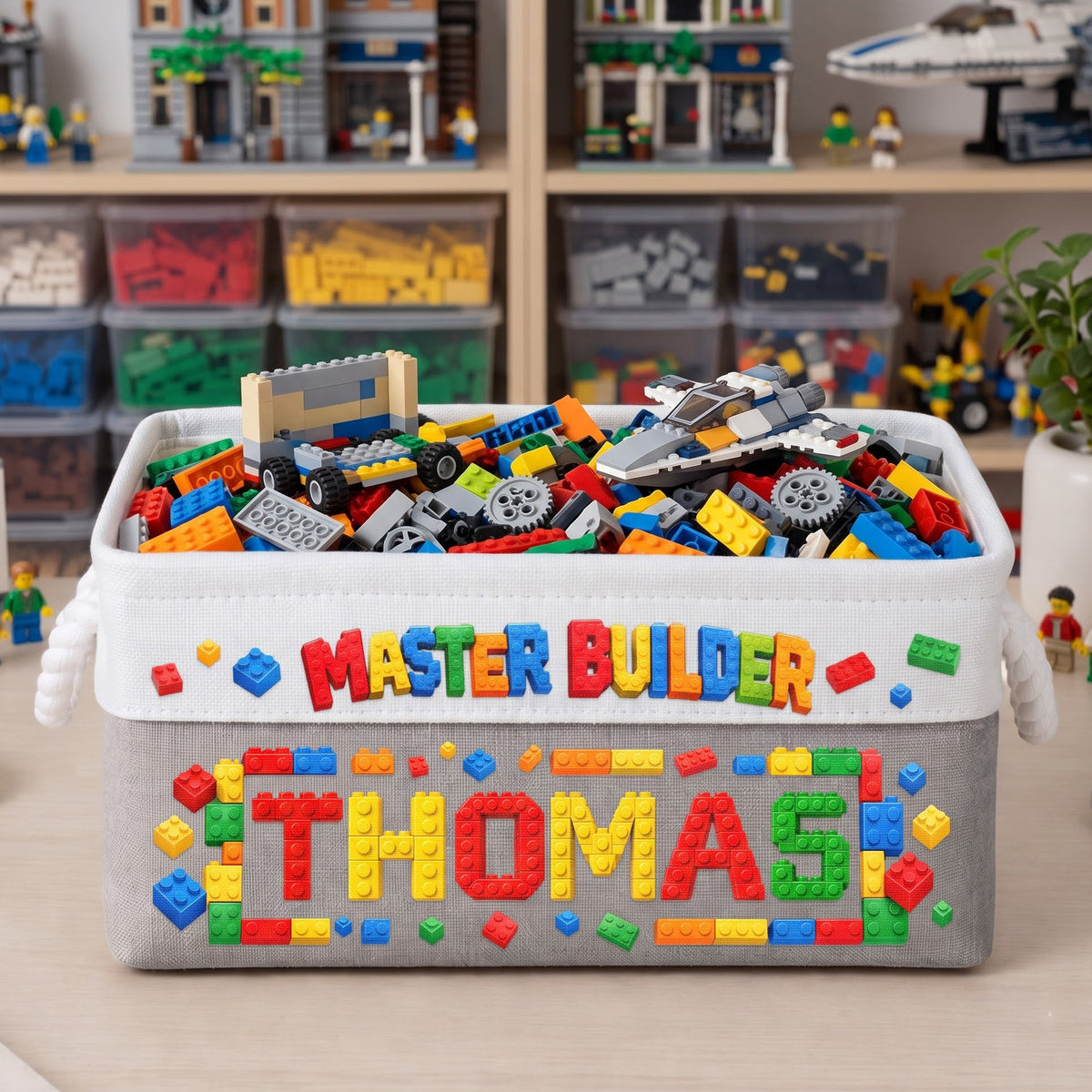 Custom Name In Lego - Master Builder Building Blocks Storage Basket For Kids - Personalized Storage Basket