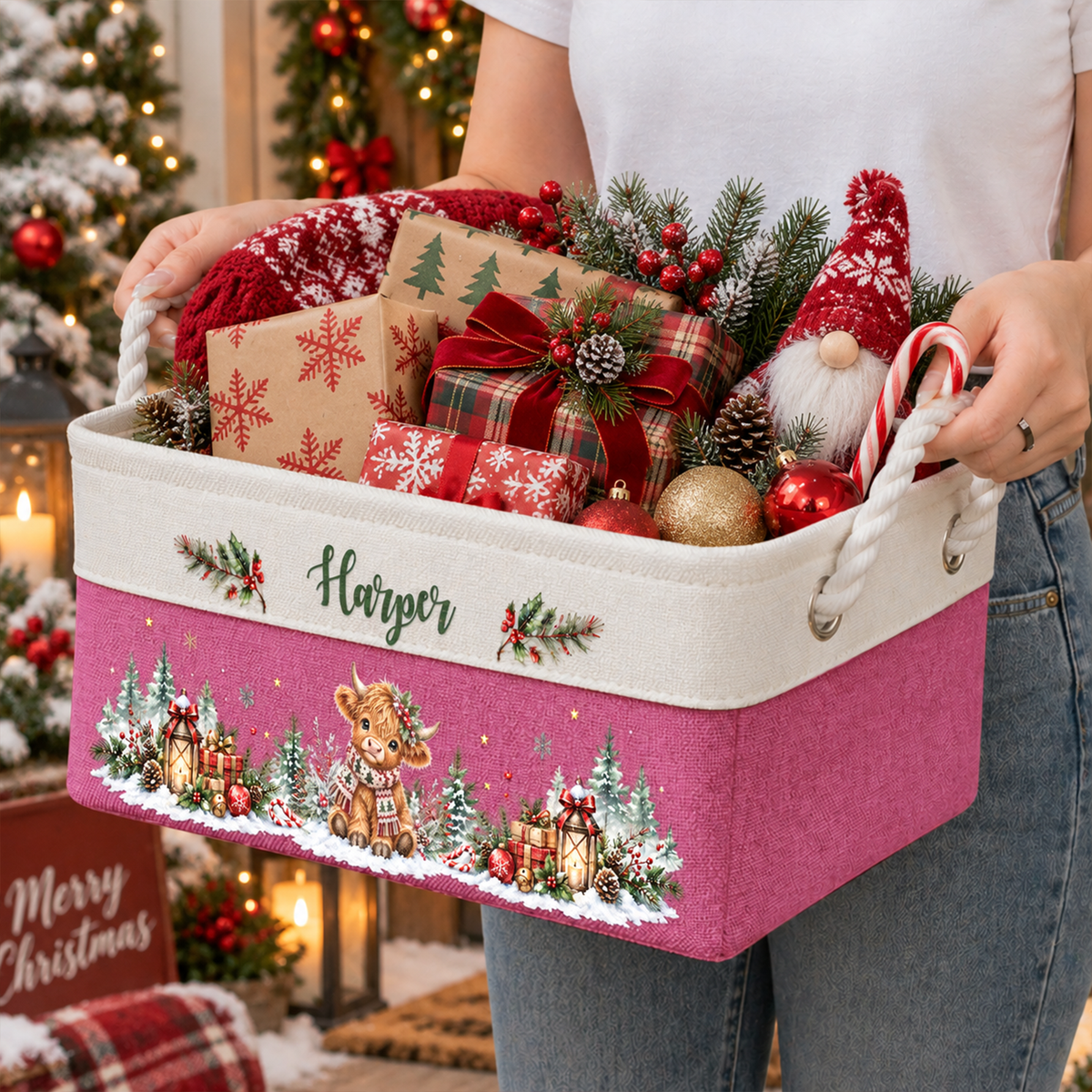 Highland Cow Farmhouse Christmas Decor - Personalized Storage Basket