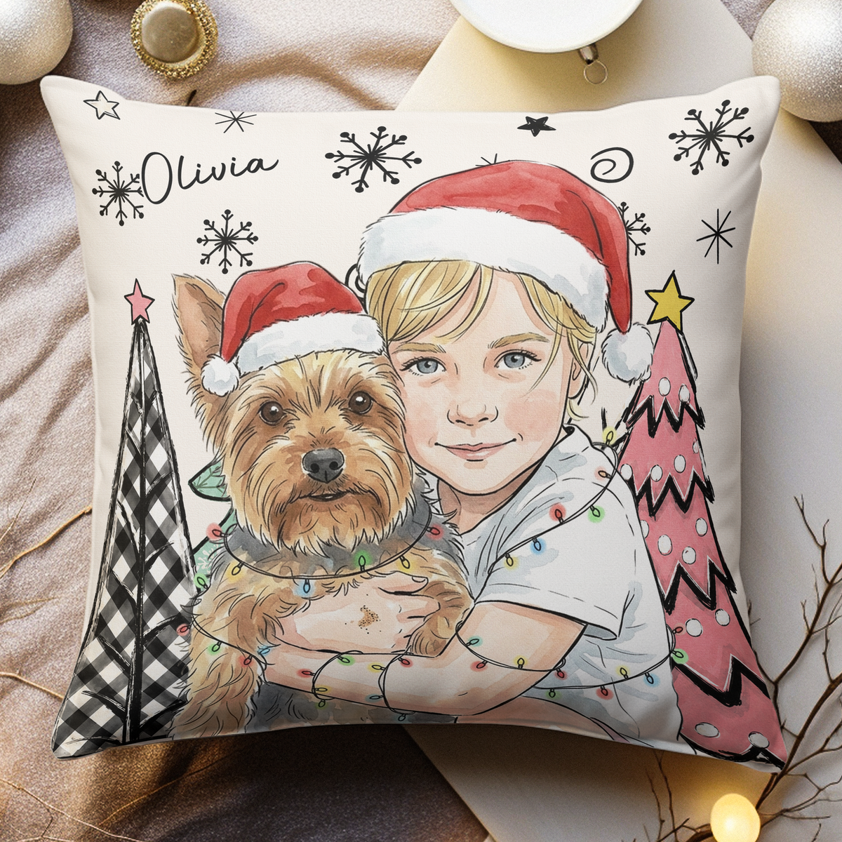 Christmas Gifts For Kids Custom Photo Watercolor Art - Personalized Pillow