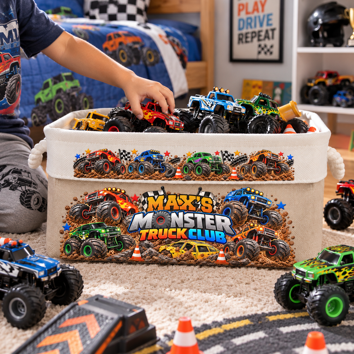 Custom Name Toddler Monster Truck Toy - Personalized Storage Basket