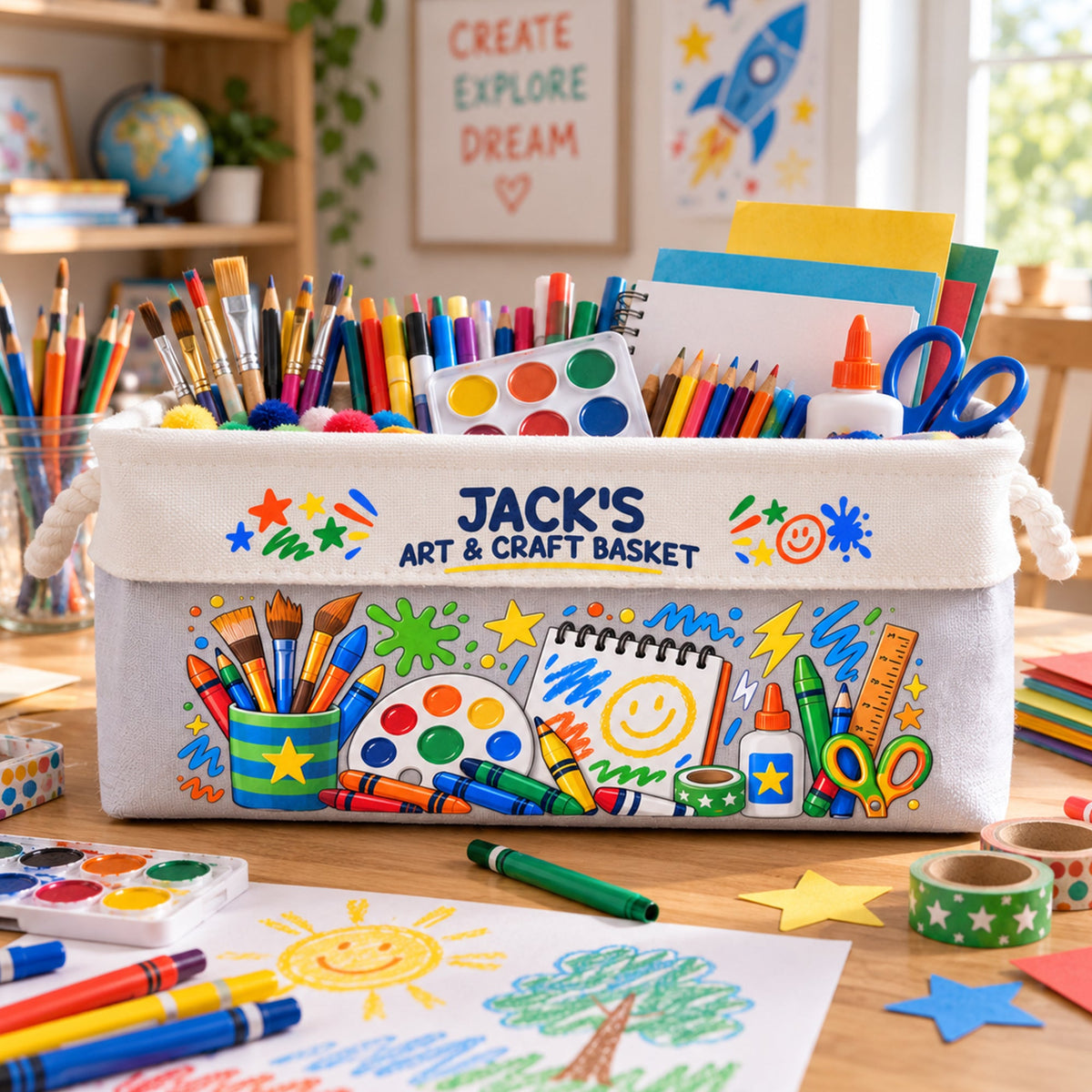 Art Supply Basket For Painting Lover Kids, Grandkids - Boy Version - Personalized Storage Basket