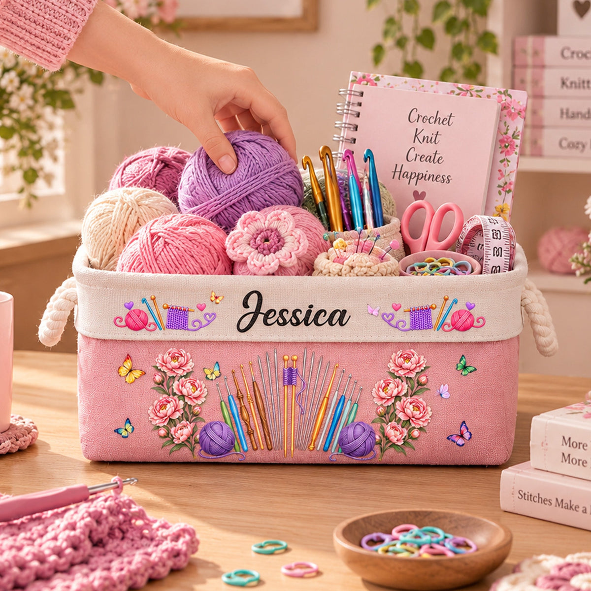Knitting, Crochet Custom Name & Birth Flower Gift For Knitter, Crocheter - Personalized Storage Basket