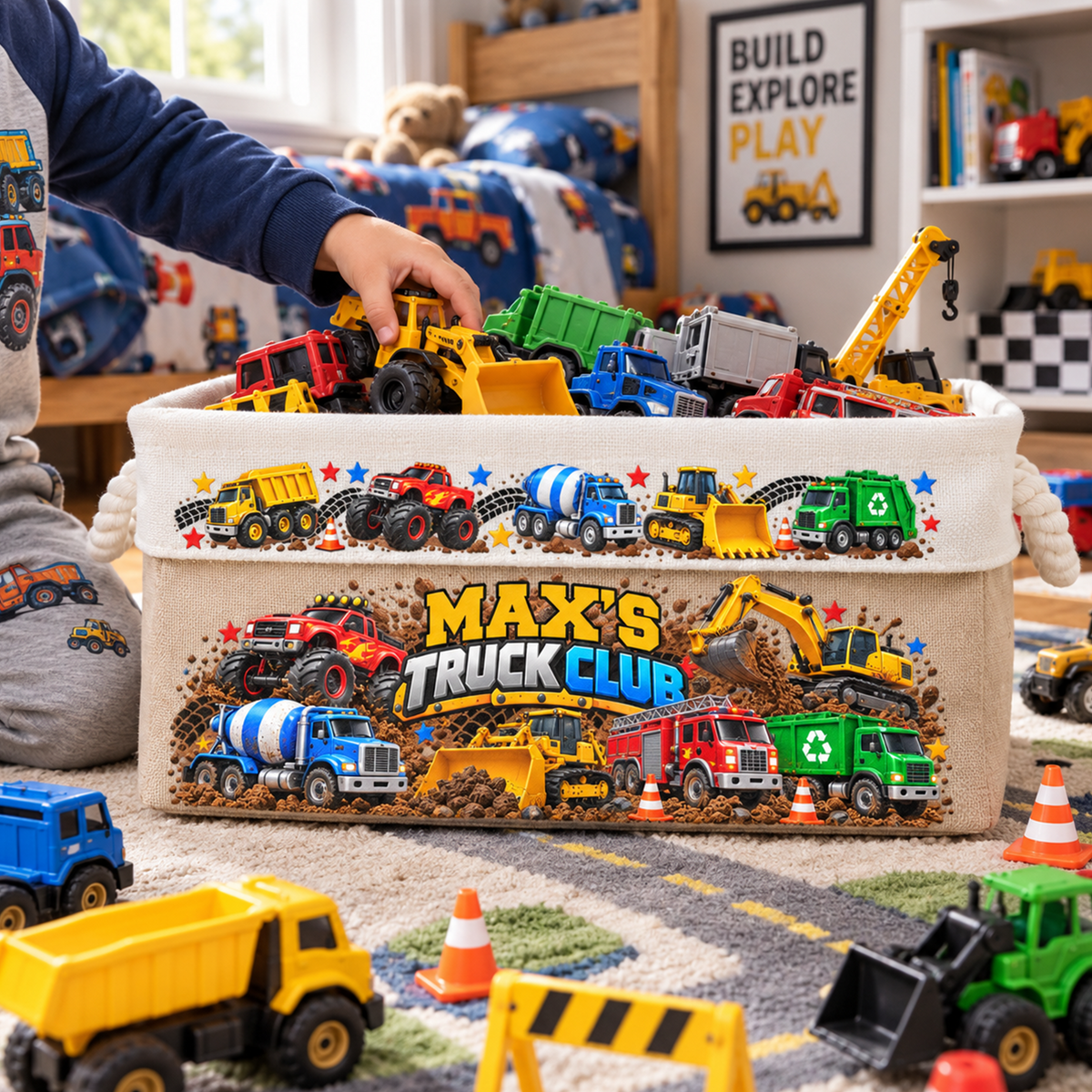 Custom Name Toddler Construction Truck Excavator Vehicle Toy - Personalized Storage Basket