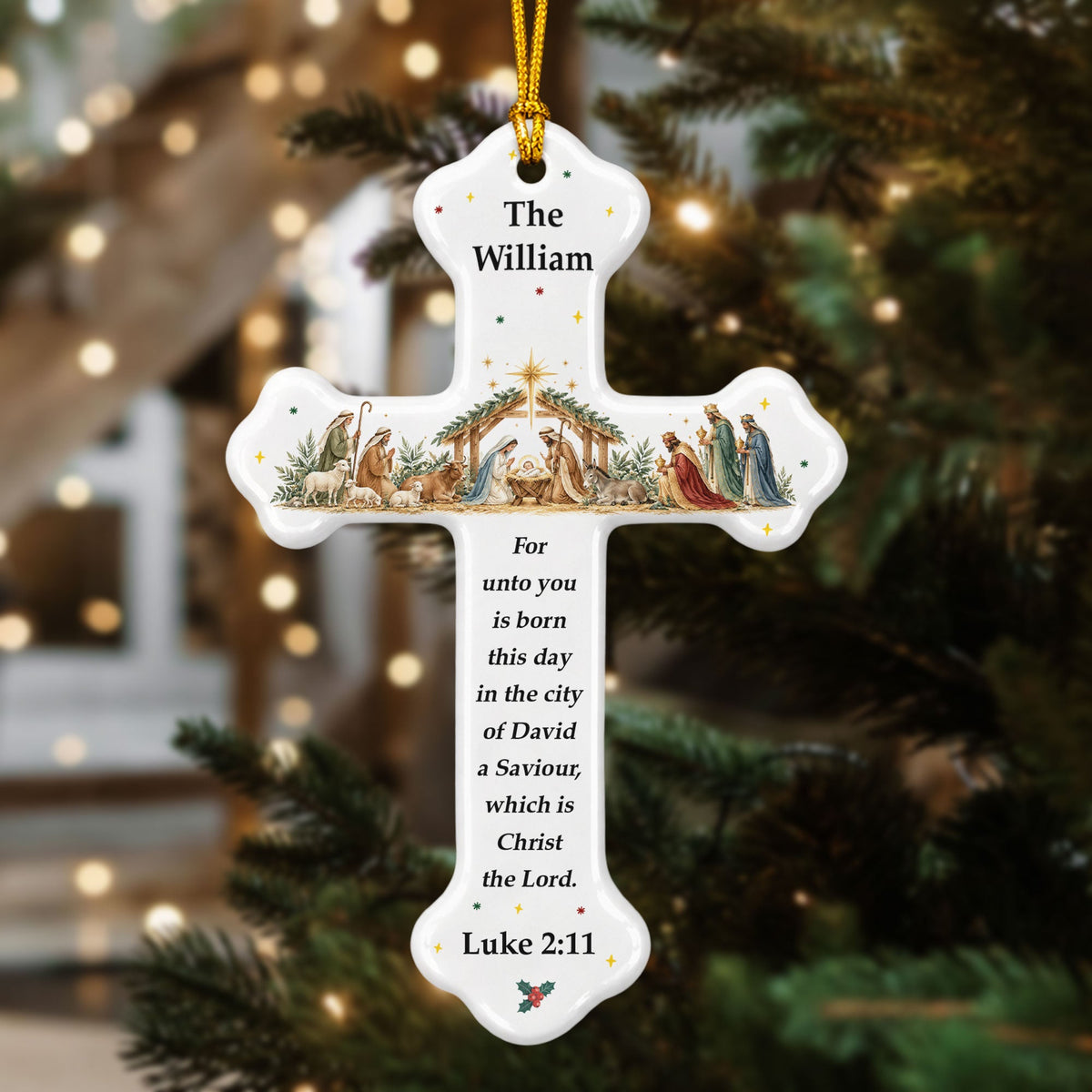 Custom Nativity Christmas Ceramic Cross - Personalized Ornament