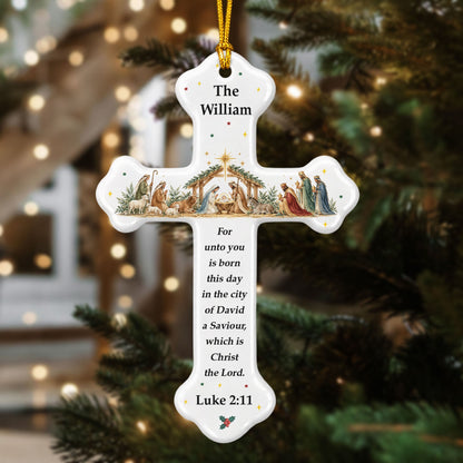 Custom Nativity Christmas Ceramic Cross - Personalized Ornament