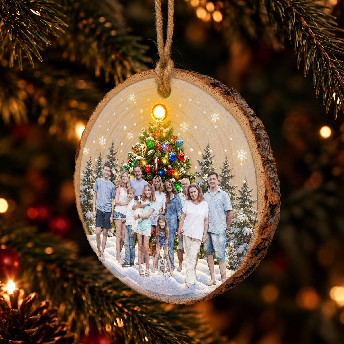 Custom Family Photo Under Christmas Tree Light Up Wooden Slice - Personalized Ornament