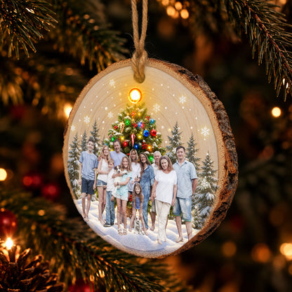 Custom Family Photo Under Christmas Tree Light Up Wooden Slice - Personalized Ornament
