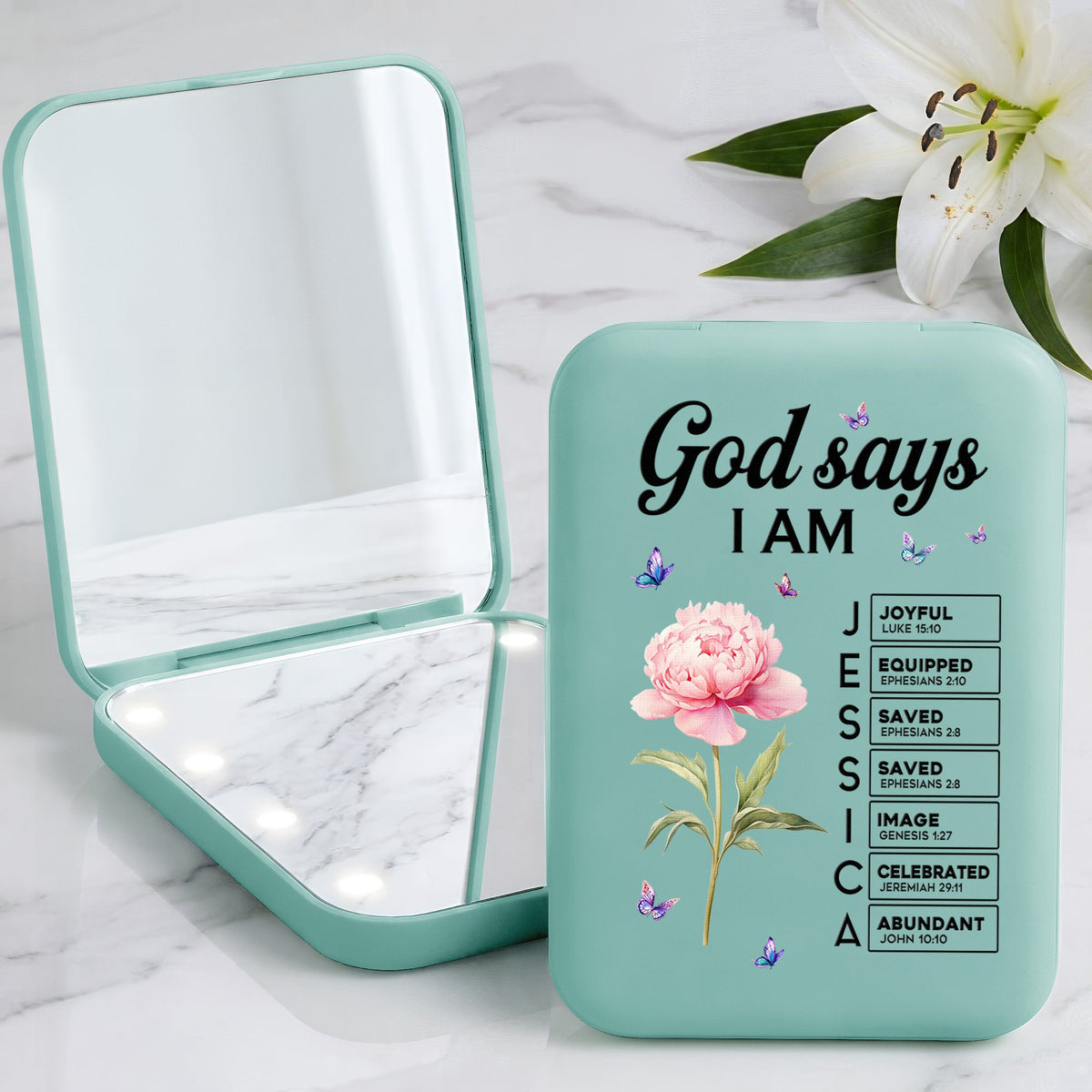 God Says I Am Bible Verse Custom Name & Birth Flower For Her - Personalized Mirror