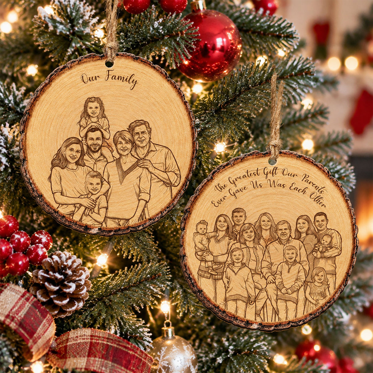 Custom Portrait Art Printed Wood Slice - Christmas Family Gifts - Personalized Ornament