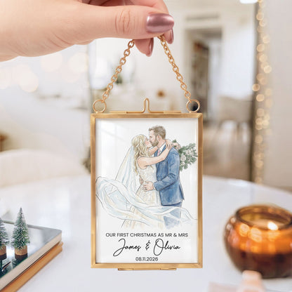 Christmas Frame Ornament Our First Christmas Couple Photo Watercolor - Personalized Ornament