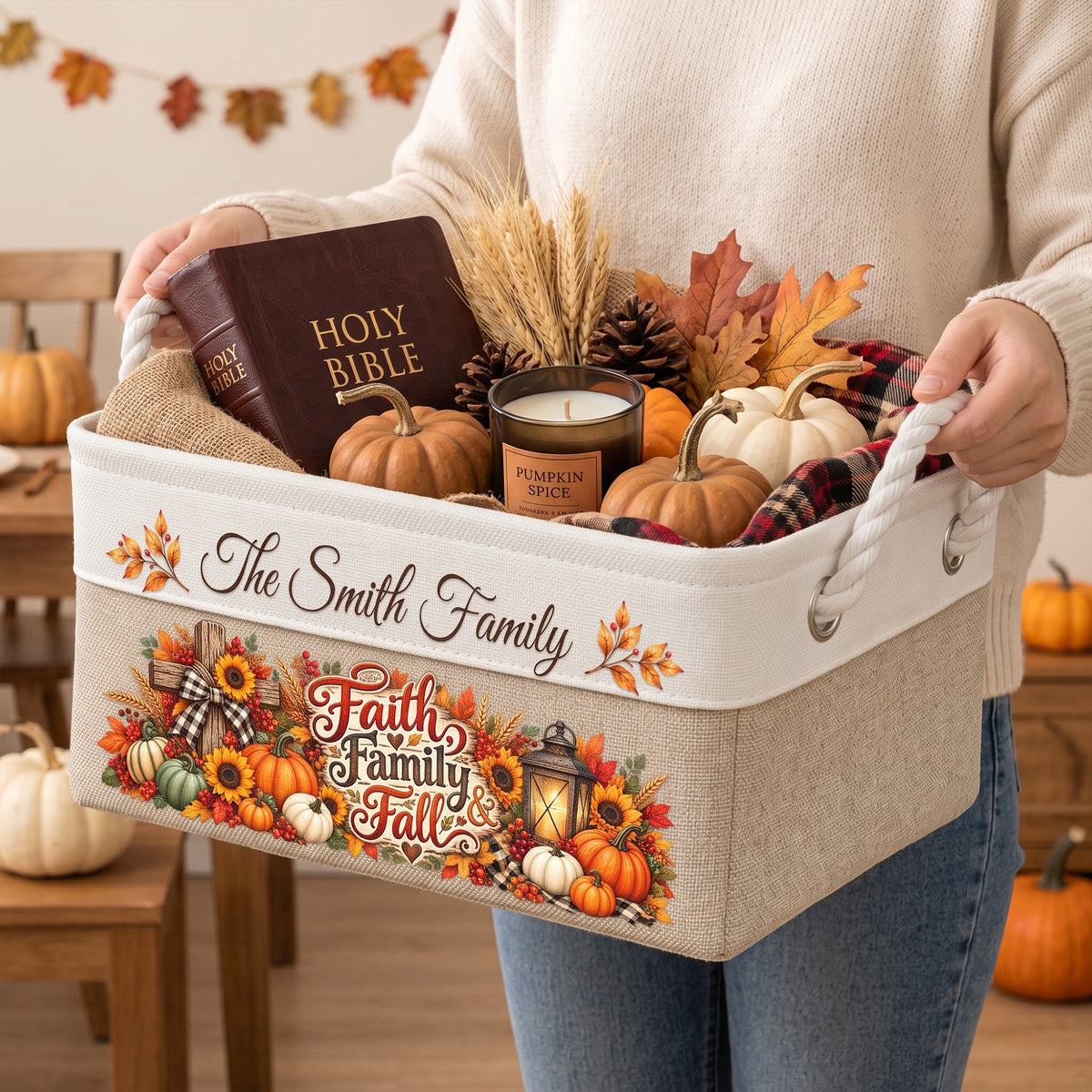 Christian Cross Custom Thanksgiving Fall Season Decors For Family House, Farm House - Personalized Storage Basket