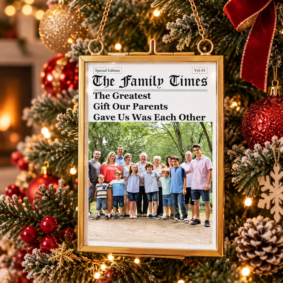Custom Family Photo Portrait Frame Newspaper - Personalized Ornament