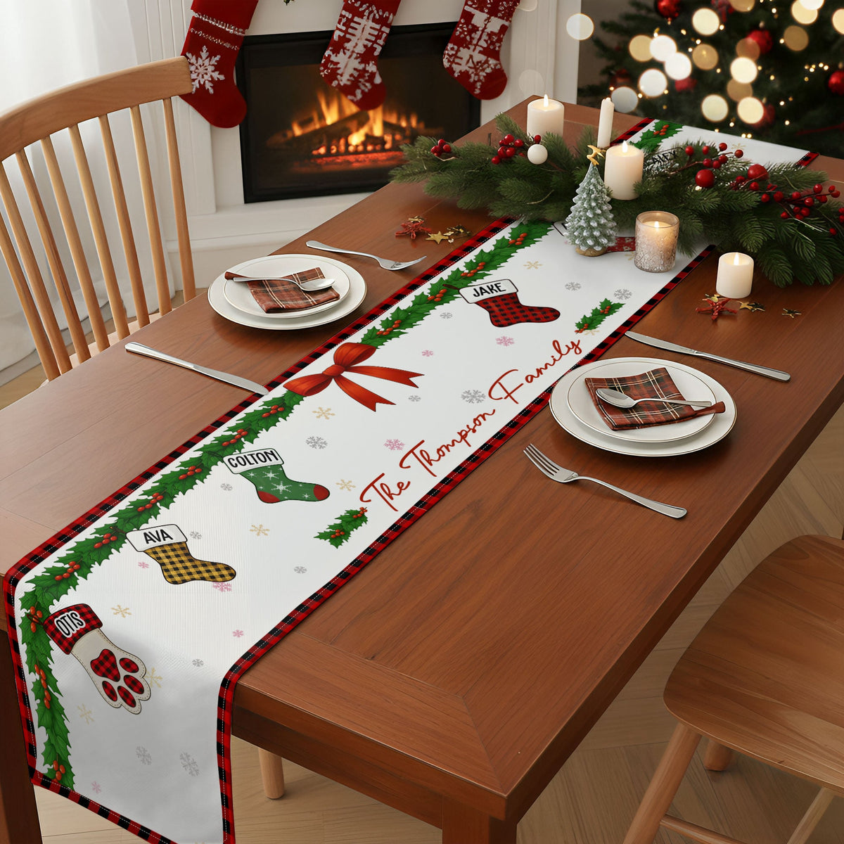 Christmas Together - Custom Family Name, Stocking Xmas Theme - Personalized Table Runner