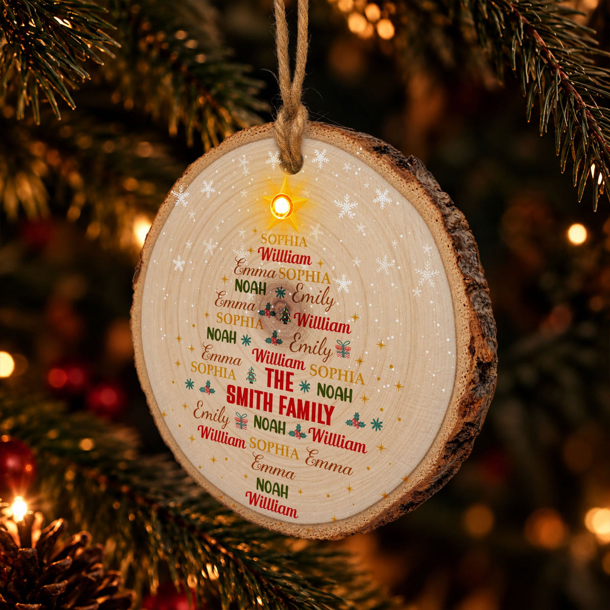 Custom Family Name Art In Christmas Tree Light Up Wooden Slice - Personalized Ornament