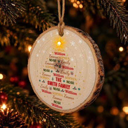 Custom Family Name Art In Christmas Tree Light Up Wooden Slice - Personalized Ornament