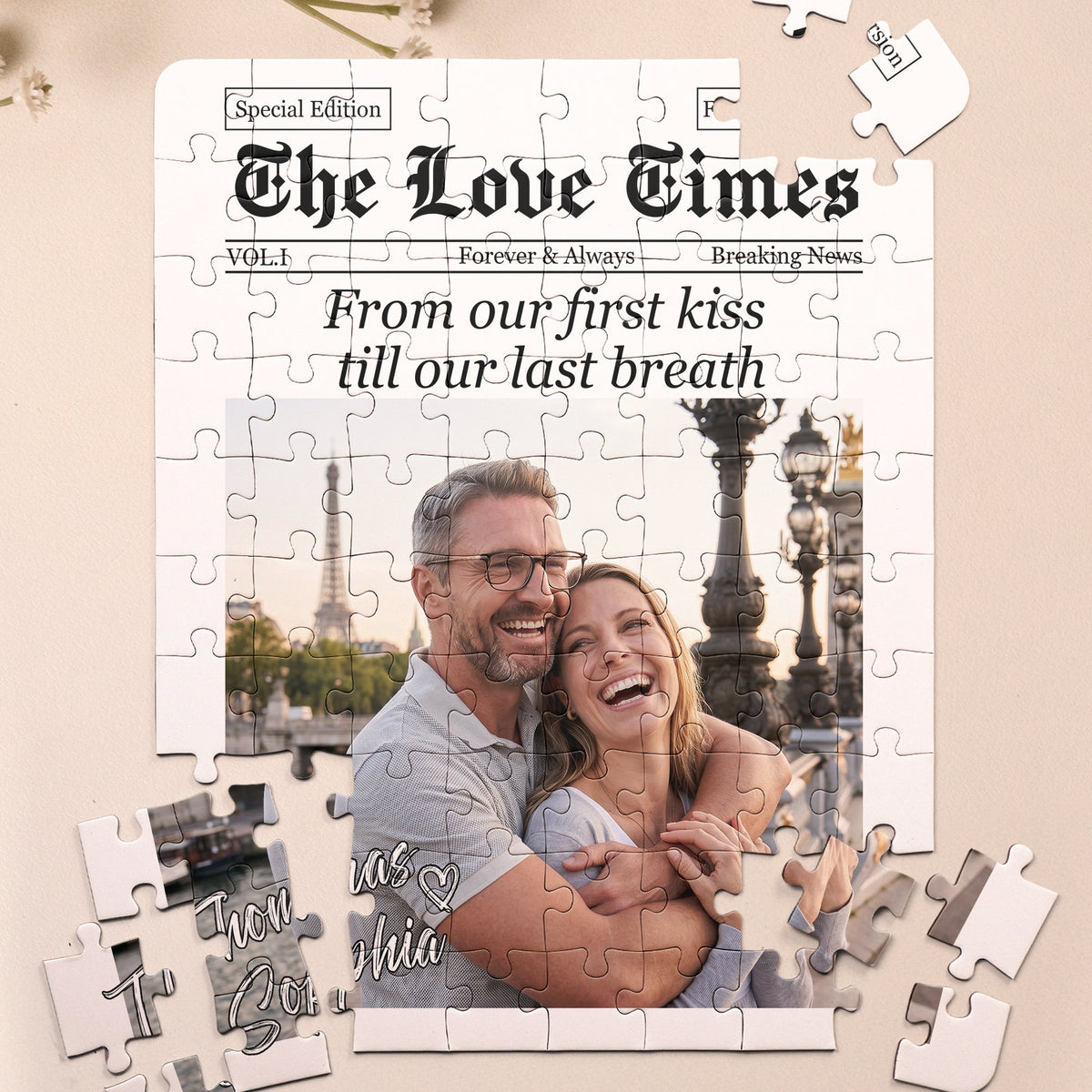 Custom Couple Photo Watercolor The Love Times - Personalized Jigsaw Puzzle