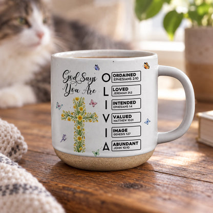 God Says I Am Name Letter In Bible Cross Birth Month Flower - Personalized Mug