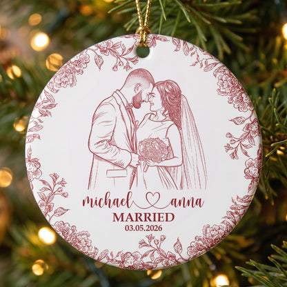 Custom Couple Photo Sketch Line Art First Christmas Married - Personalized Ornament