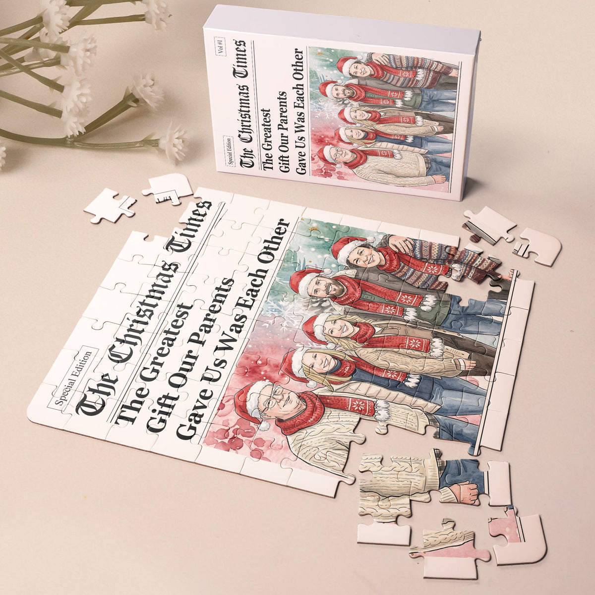 The Christmas Times Family Siblings Gifts Custom Photo Watercolor - Personalized Jigsaw Puzzle