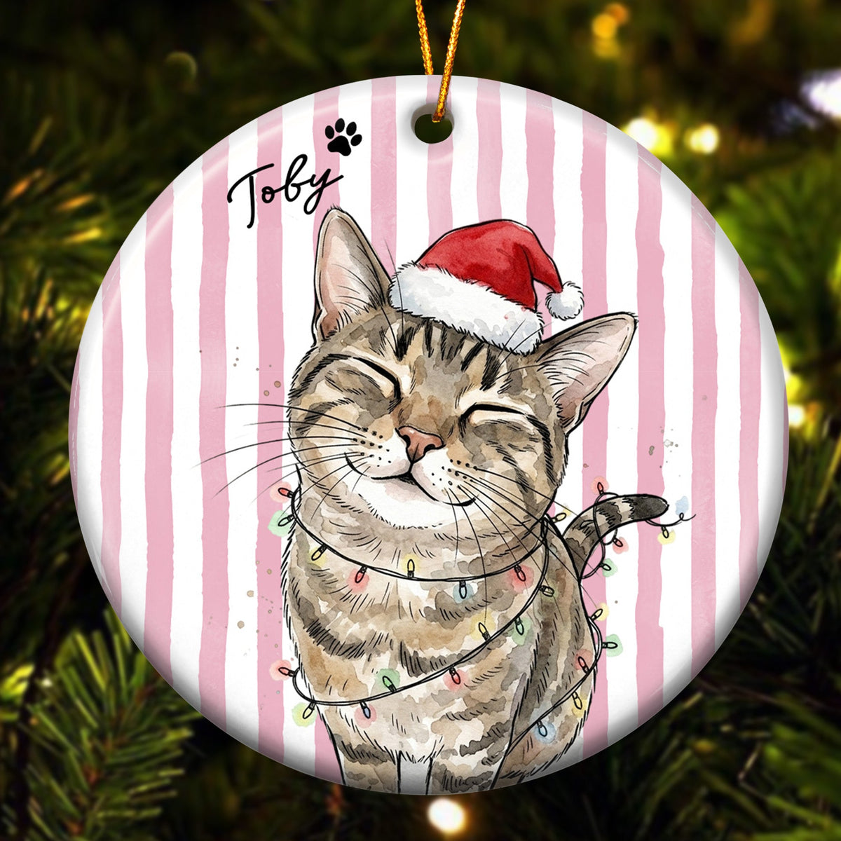 Custom Pet Christmas Watercolor Striped Pattern - Personalized Ornament