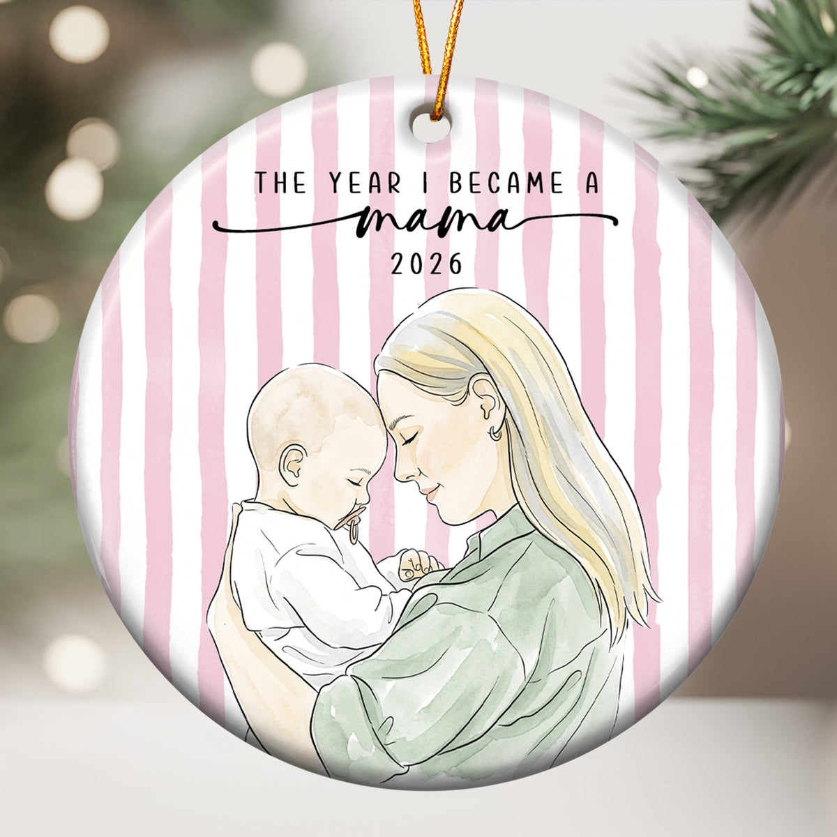 The Year I Became A Mama Watercolor Style - Personalized Ornament