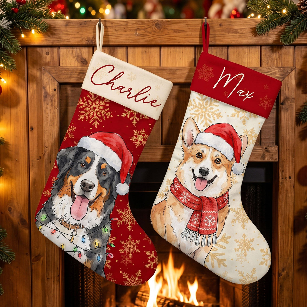 Custom Pet Portrait Watercolor Art Snowflake Christmas - Personalized Stocking
