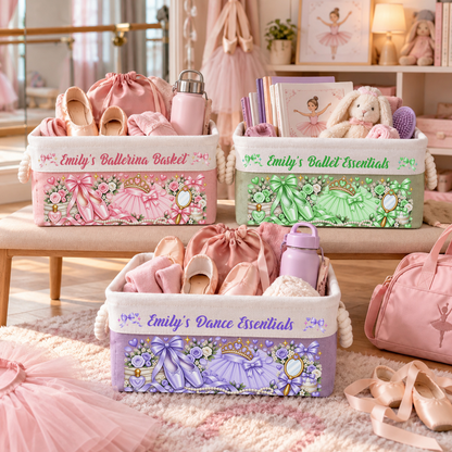 Custom Name Ballerina Basket With Handles For Girls, Daughters - Personalized Storage Basket