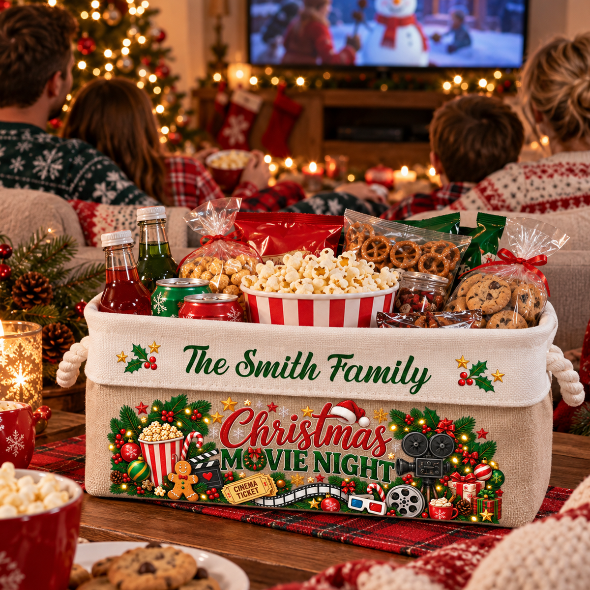 Christmas Movie Night Basket - Supplies Snack Storage Basket With Handles - Personalized Storage Basket
