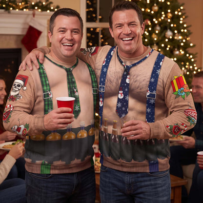 Funny Drinks Christmas Sweatshirt, 3D Muscle Santa Fake Ugly Xmas Sweater, Drinks Belt Holiday Pullover - Personalized Sweater