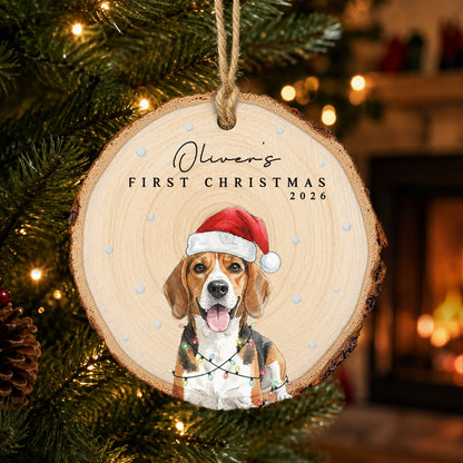 Custom Photo Watercolor First Christmas Pet, Baby Christmas Wooden Ornament - Personalized Ornament