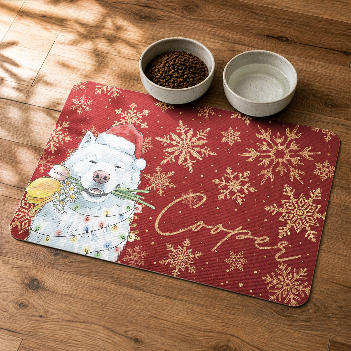 Custom Pet Portrait Watercolor Art Snowflake Christmas - Personalized Pet Feeding Mat