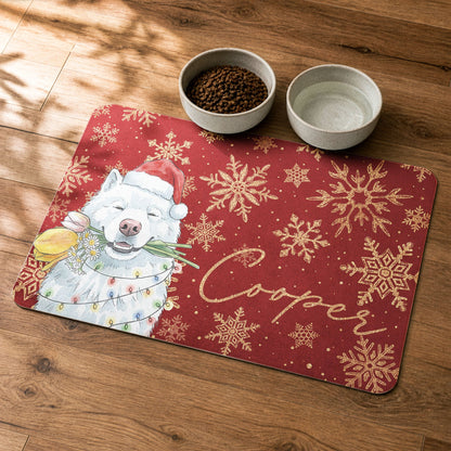 Custom Pet Portrait Watercolor Art Snowflake Christmas - Personalized Pet Feeding Mat