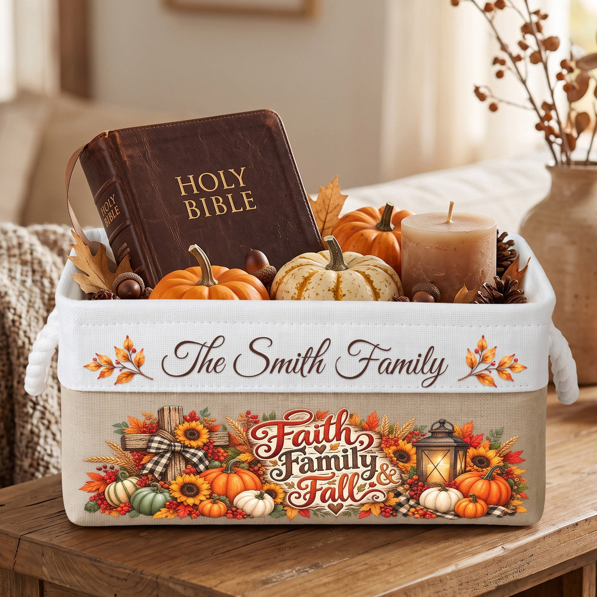 Christian Cross Custom Thanksgiving Fall Season Decors For Family House, Farm House - Personalized Storage Basket