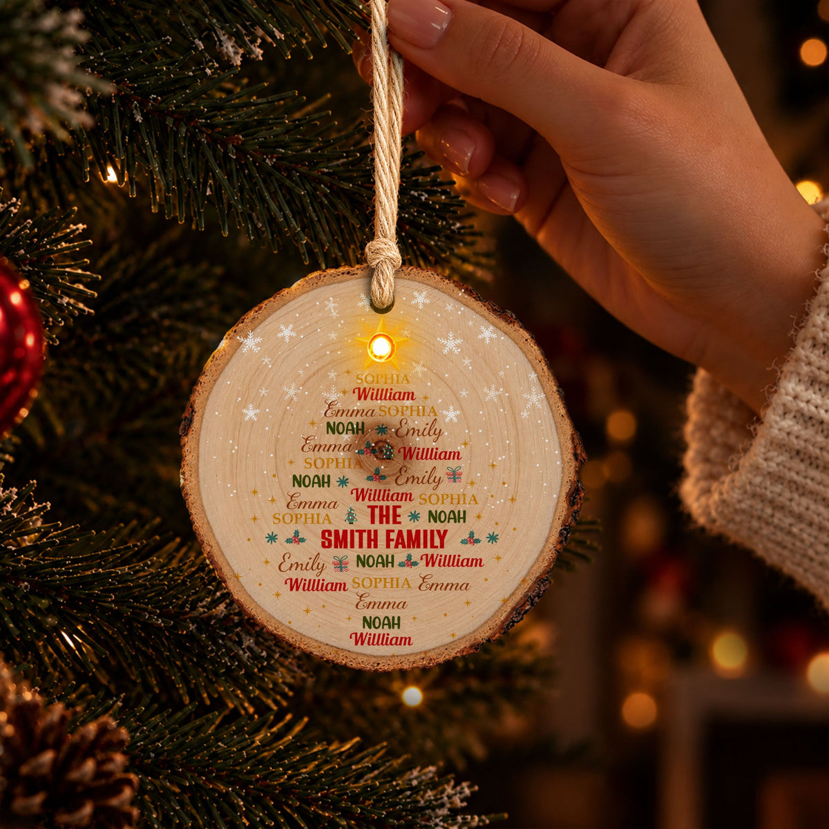 Custom Family Name Art In Christmas Tree Light Up Wooden Slice - Personalized Ornament