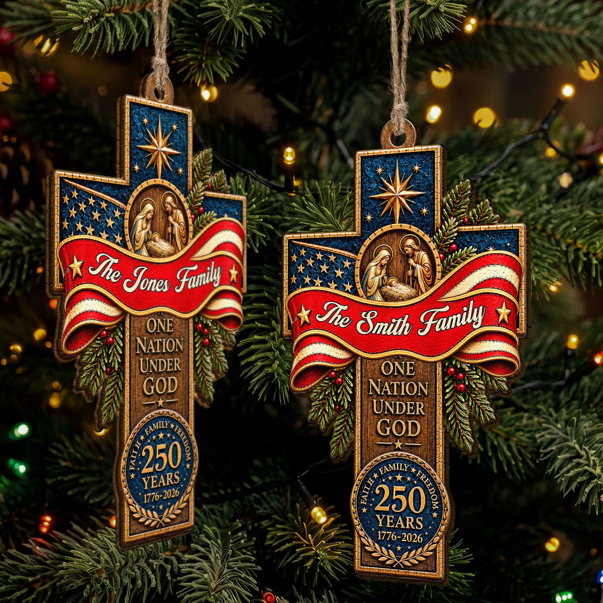 One Nation Under God Faith Family Freedom Patriotic Cross - Personalized Ornament