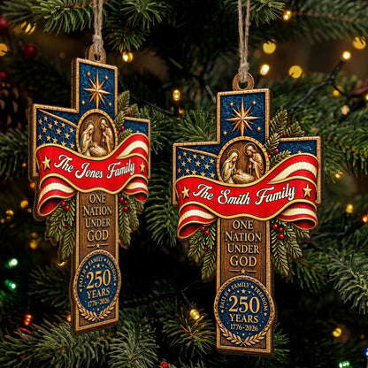 One Nation Under God Faith Family Freedom Patriotic Cross - Personalized Ornament
