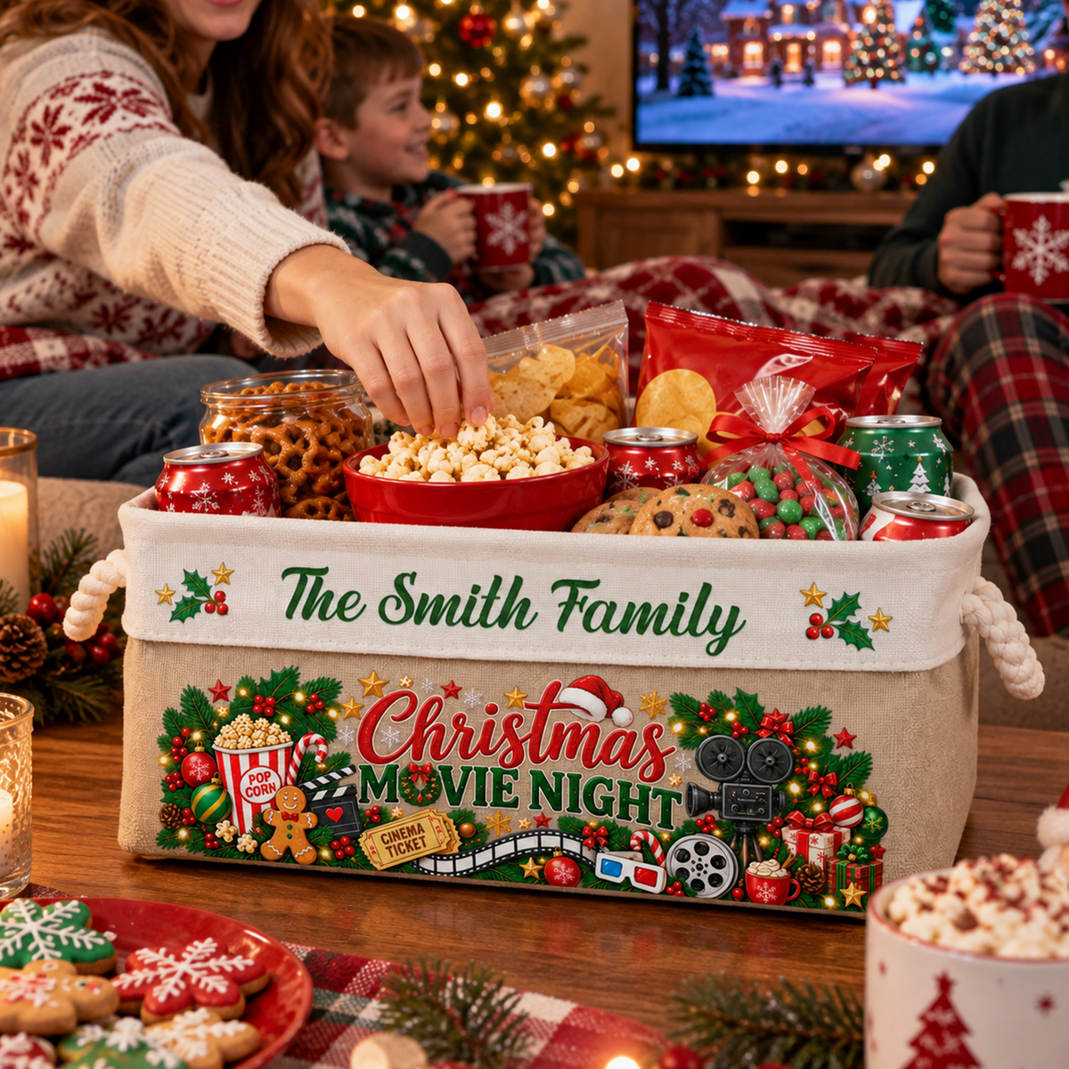 Christmas Movie Night Basket - Supplies Snack Storage Basket With Handles - Personalized Storage Basket