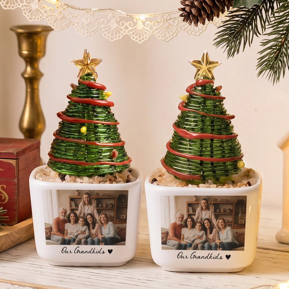 Custom Photo Moments With Family, Friends, Grandparents - Glass Christmas Tree - Personalized Plant Pot