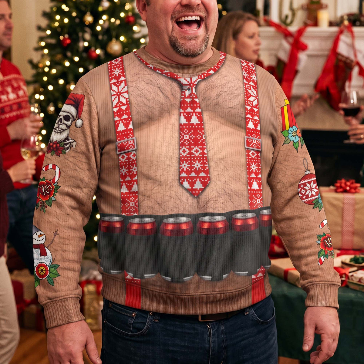 Funny Drinks Christmas Sweatshirt, 3D Muscle Santa Fake Ugly Xmas Sweater, Drinks Belt Holiday Pullover - Personalized Sweater