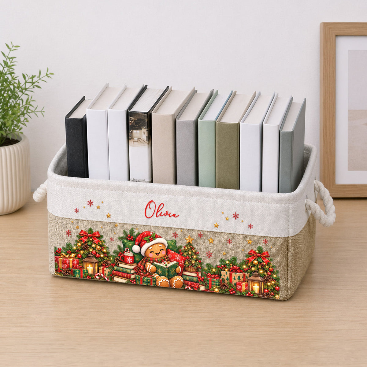 Christmas Snowman, Gingerbread, Reindeer Reading Book Gift For Book Lover - Personalized Storage Basket